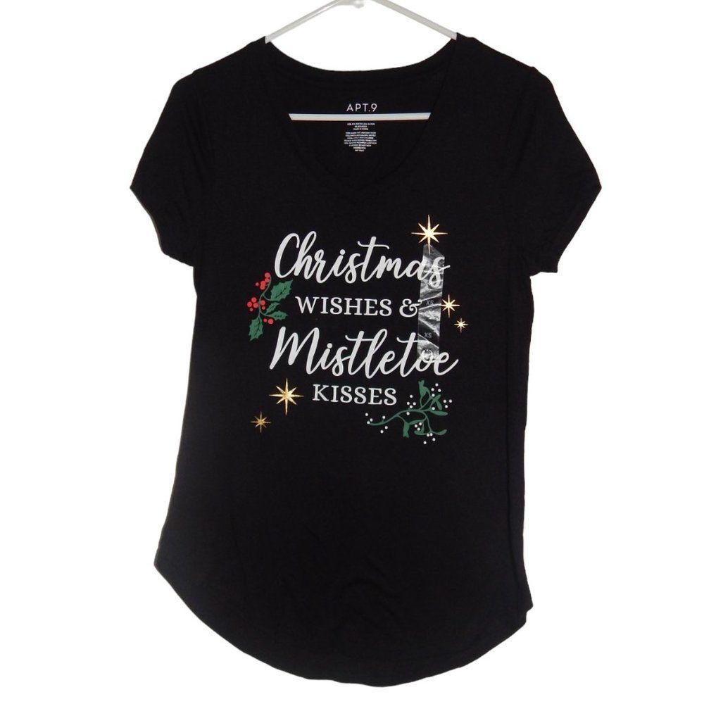 APT 9 women x-small Christmas Wishes Mistletoe Kisses black holiday graphic tee